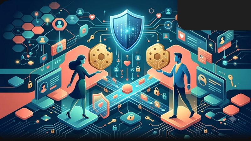 Современная иллюстрация на тему безопасности cookie-файлов для сайтов знакомств в футуристическом стиле 2026 года